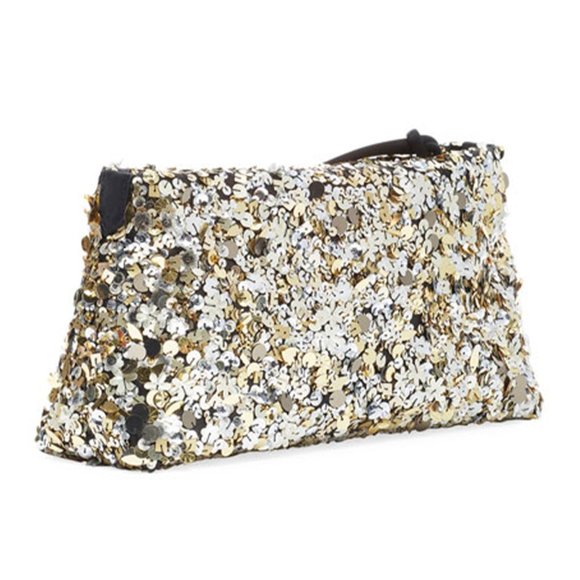 Dries Van Noten Handbags - NEW Dries Van Noten Sequin Zip-Top Clutch Bag Embellished Satin Gold Silver OS